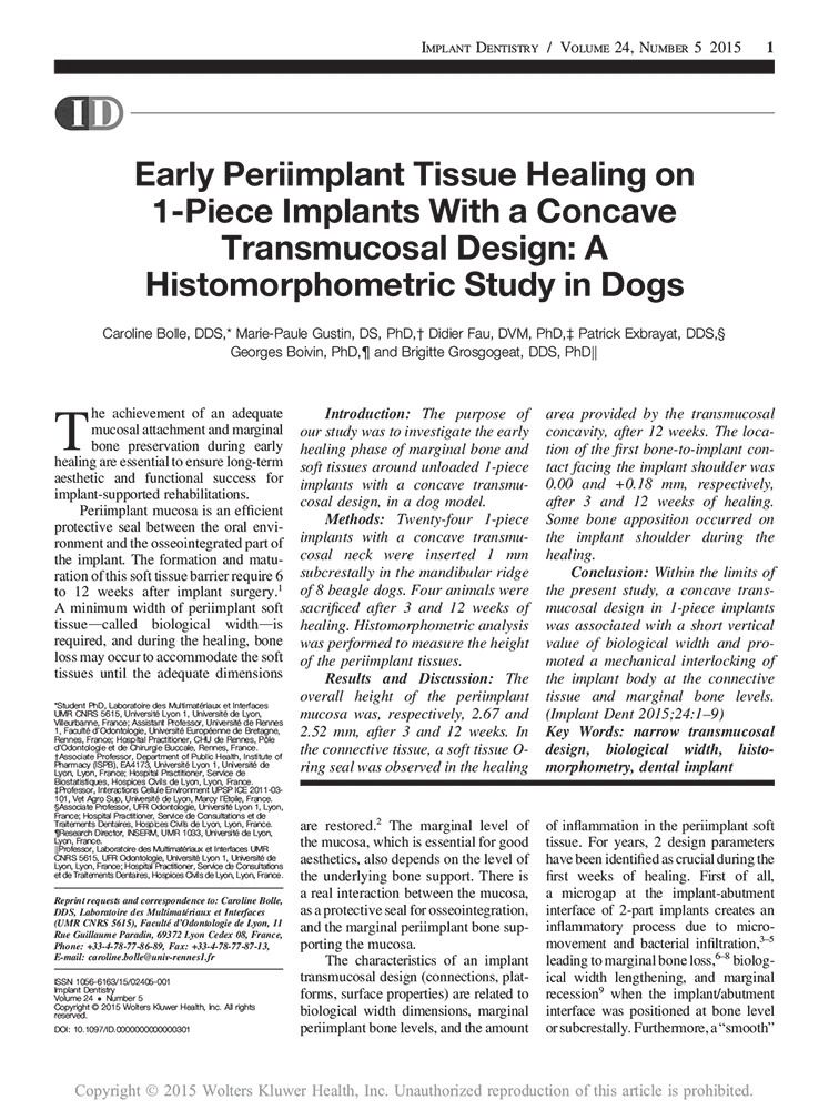 Early periimplant tissue healing-Implant Dentistry - Dr. Caroline Bolle
